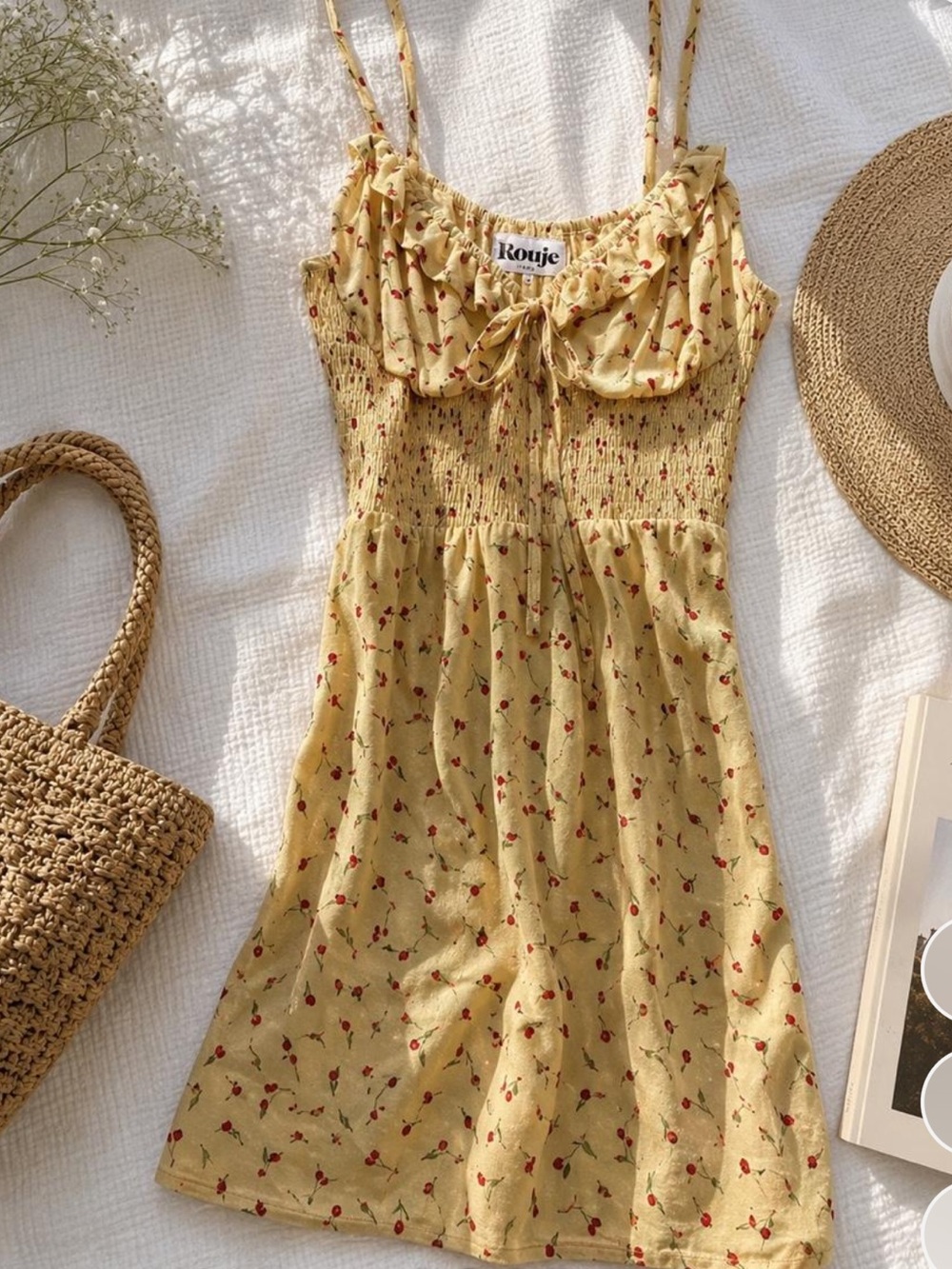 Rouje Yellow Floral Midi Slip Dress with Smocked Bodice